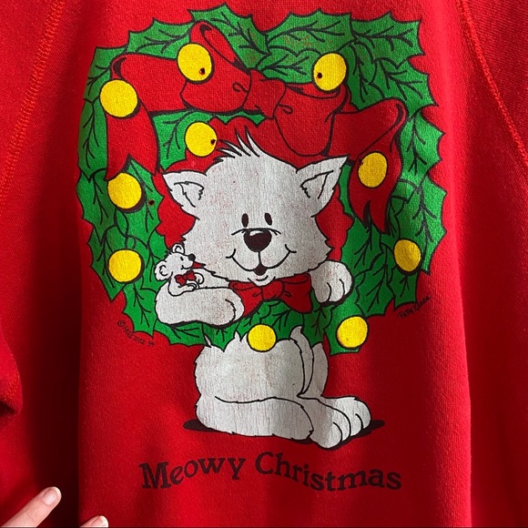 Vintage 80s Cat Christmas Red Crew Neck Sweatshirt - Picture 4 of 12